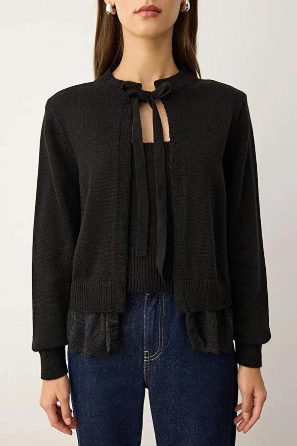 WOVCOR 2-Piece Lace-Edge Knit Cardigan-Blouse Set