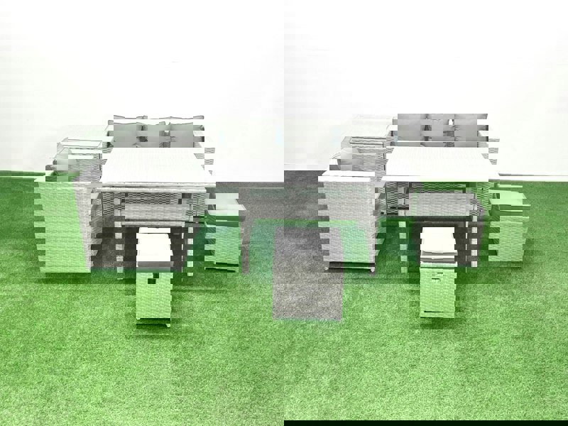 Fimous Rattan Garden Furniture Dining Set 6 Seater Lounge Sofa Chair Dining Table Set with 2 Small Footstools Side Table Light Grey Mixed