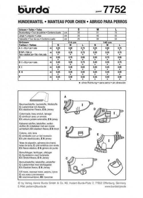 Burda Sewing Pattern 7752 Coats For Pets - Easy