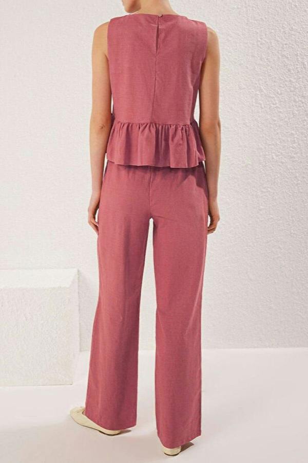 WOVCOR 2-Piece Linen-Look Crew Neck Blouse and Trousers Woven Set
