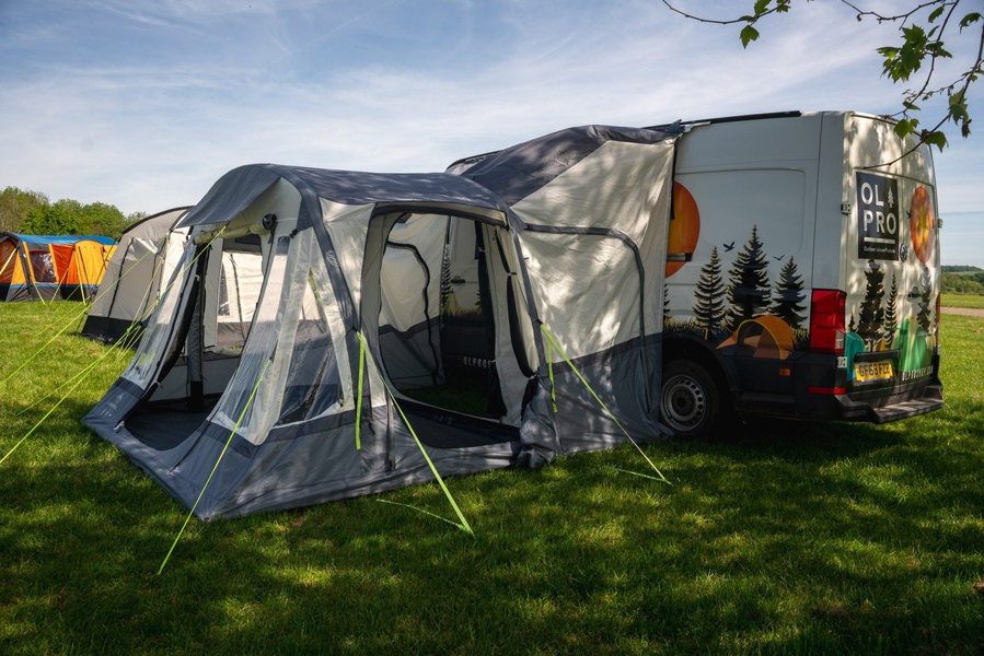 The Loopo Breeze® XL v2 Motorhome Awning on a Volkswagen Crafter Campervan with, the awning doors are all open