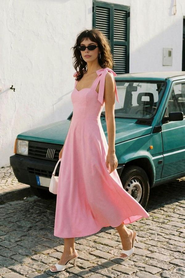 Hoxton Gal Elegant Woven Midi A-Line Dress with Tie-Strap Detail