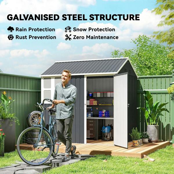 Dark grey galvanised steel garden shed with open door and window panel