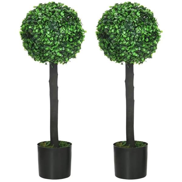 Set of 2 artificial boxwood ball trees in dark pots, green foliage and tall trunks