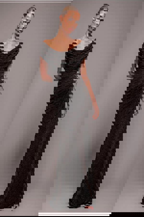 Sparkle Lurex Cowl Neck Off The Shoulder Maxi Dress - Black Gold DR4699