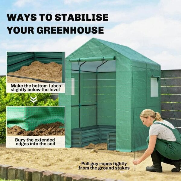Bobobiy Small Greenhouse with Raised Garden Bed, Galvanised Walk-in Greenhouse with Roll Up Windows, 141 x 141 x 190 cm, Green