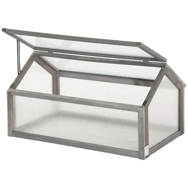 Grey wooden cold frame greenhouse with openable clear polycarbonate lid