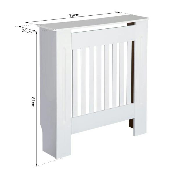 White MDF slatted radiator cover cabinet with visible overall size measurements