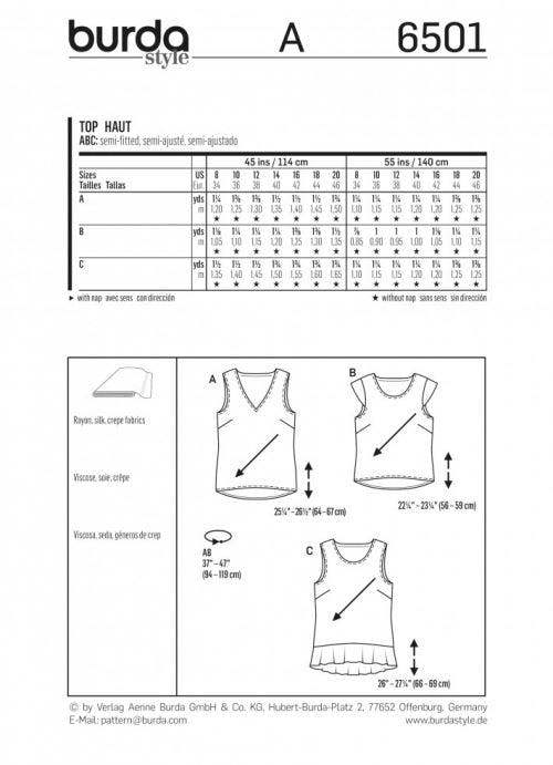 Burda Sewing Pattern 6501 Tops For Women, 8 to 20 - Easy