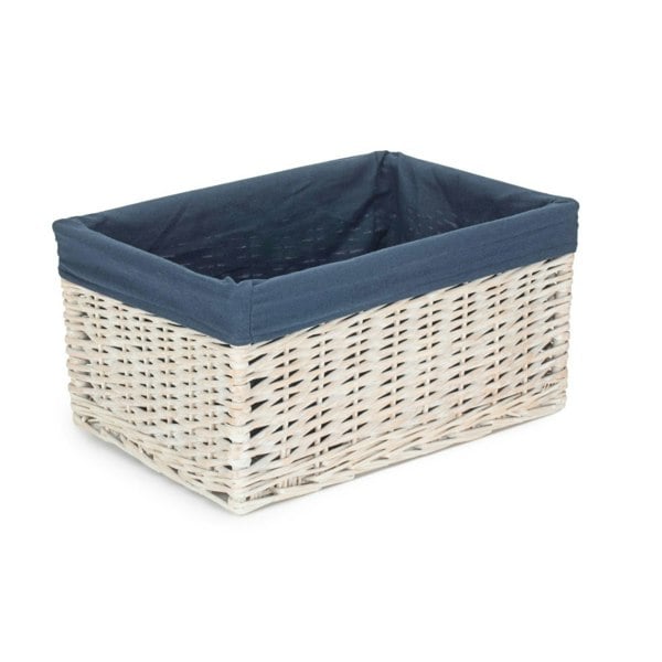 White Wash Navy Lined Open Storage Basket Small