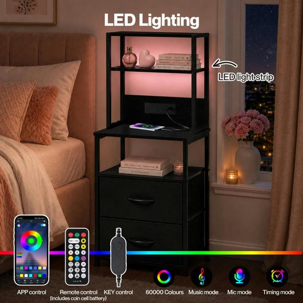 Levede Bedside Table with Charging Station LED Light 2 Drawers Storage Black