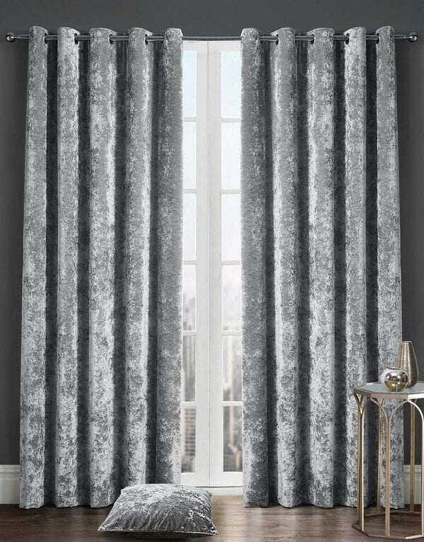Night Zone Crushed Velvet Eyelet Curtains – Fully Lined Ready Made Window Curtains - Silver