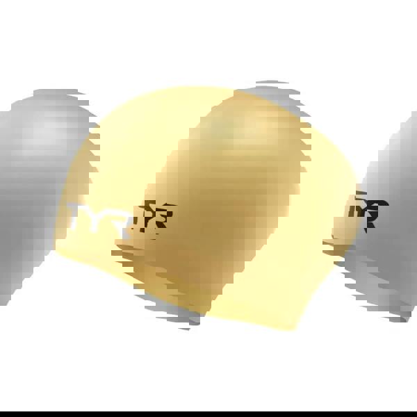 Gold TYR long hair wrinkle-free silicone swim cap with black logo