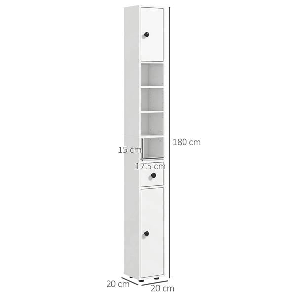 White tall slim bathroom cabinet with shelves and drawers; size marks show 180 cm height.