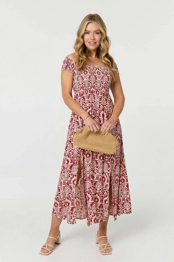 Red | Printed Cap Sleeve Bardot Top Maxi Dress