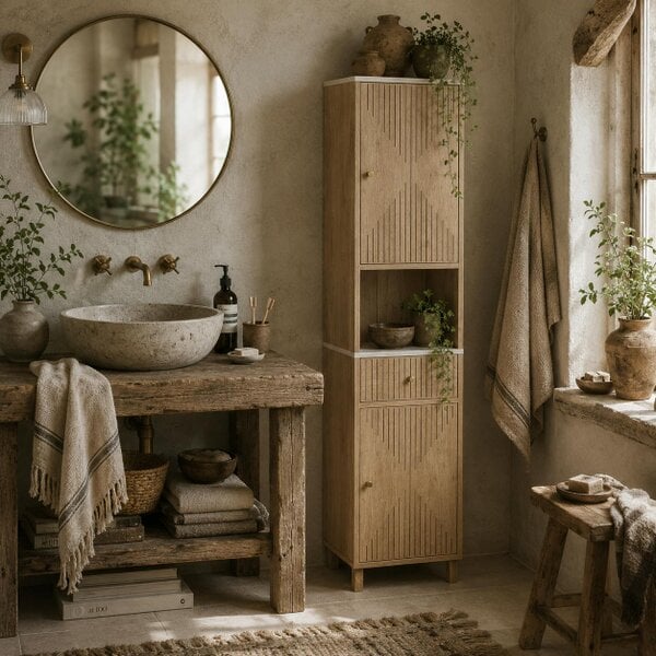 Wyld Haus Fasu Slim Bathroom Storage Cabinet With Soft Close Drawer Rail Wood Effect Finish