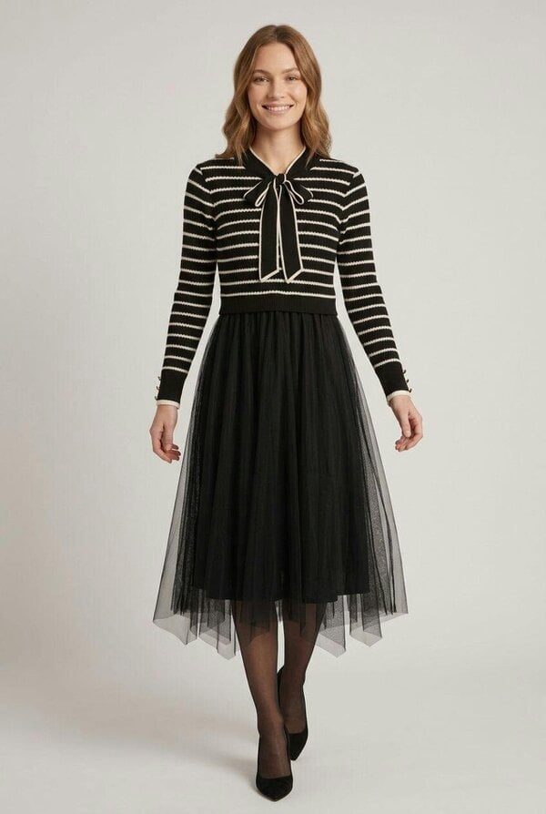 Izabel London Striped Mesh Layered Midi Jumper Dress