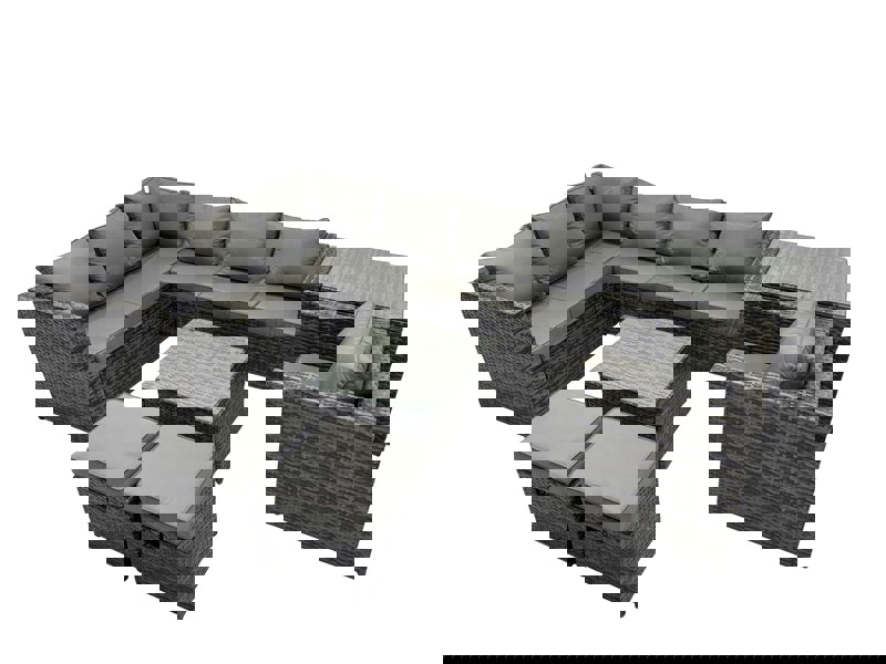 Fimous Rattan Garden Furniture Patio Furniture Sets with Corner Sofa Chair Square Coffee Table Side Table 2 Small Footstools Dark Grey Mixed