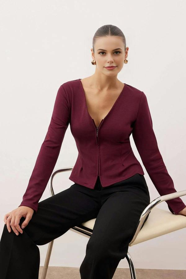 WOVCOR V-Neck Zippered Regular Knit Blouse