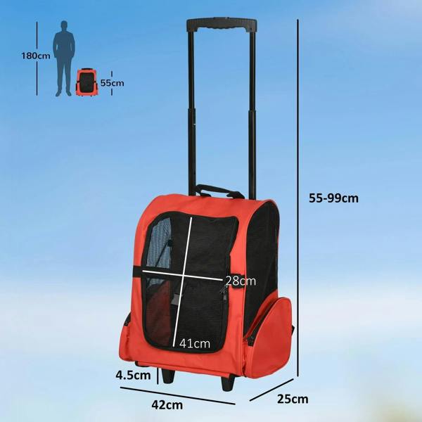 Red pet rolling backpack carrier with telescopic handle, front mesh window, and wheels