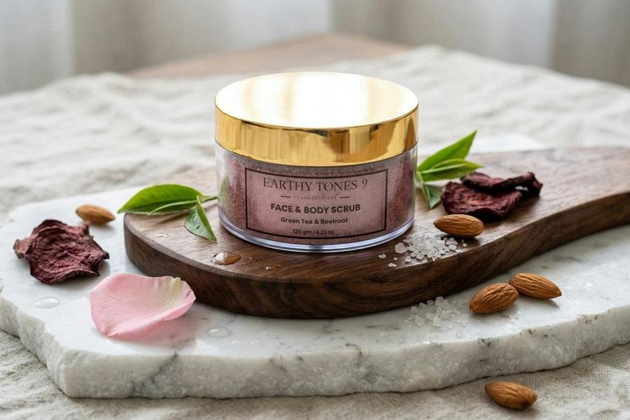 Earthy Tones 9 face and body scrub jar on a marble surface with almonds and rose petals.