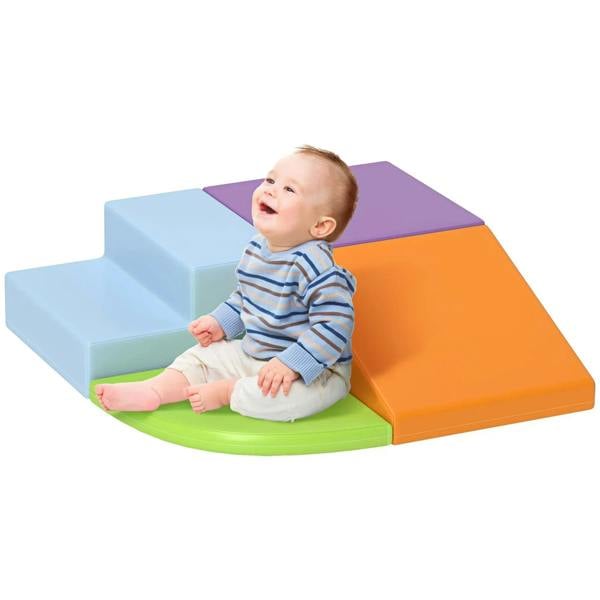 4-piece foam play set with orange ramp and blue steps, includes crawl wedge