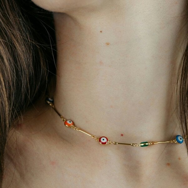 The Colourful Aura Multicolour Gold and Silver Evil Eye Charm Choker Protection Necklace