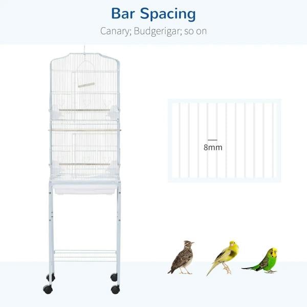 White bird cage with narrow bar spacing and small perches