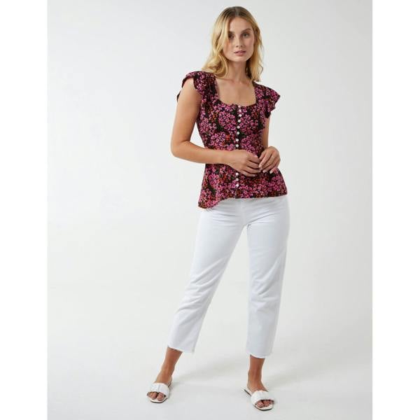 Blue Vanilla Button Front Floral Peplum Top