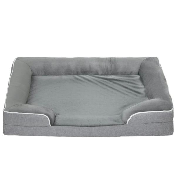 Grey pet sofa bed with cushioned base and raised side bolsters