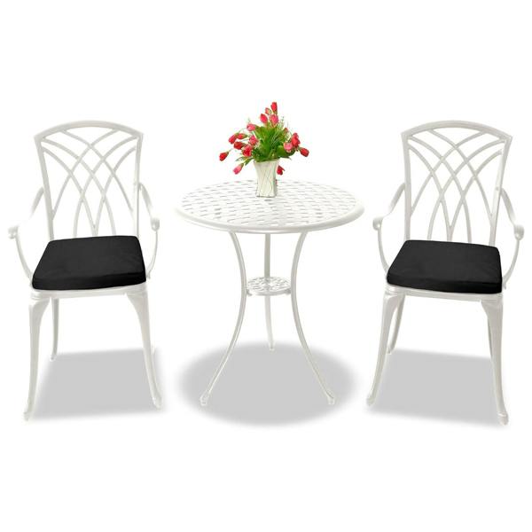 Homeology OSHOWA White Aluminium Weatherproof Outdoor Table and 2 Comfortable Chairs with Armrests Bistro Set with Black Cushions
