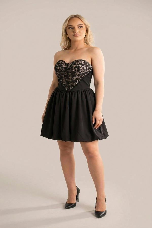 Leah Strapless Heart-shaped Lace Mini Dress - Black