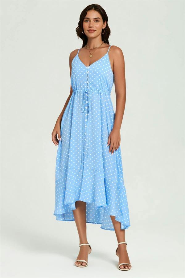FS Collection Dot Print Button Down High Low Strappy Dress In Light Blue