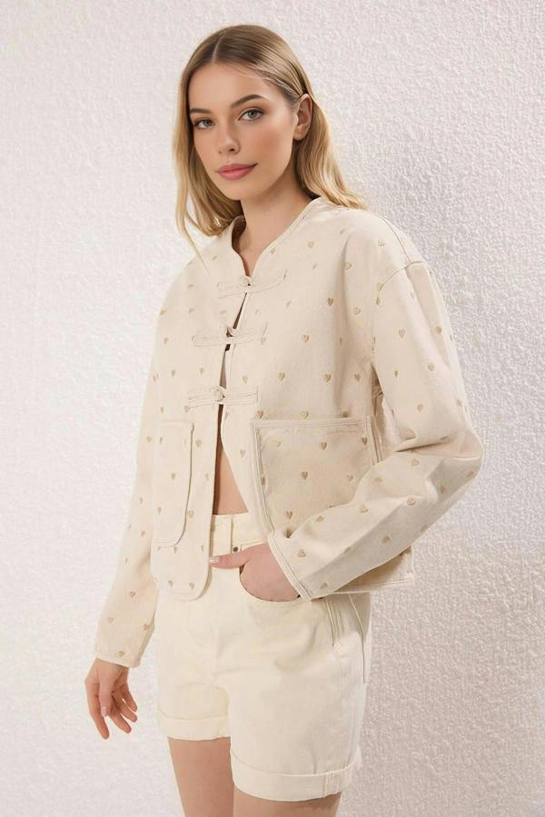 WOVCOR Denim Jacket with Heart Embroidery and Pocket Details