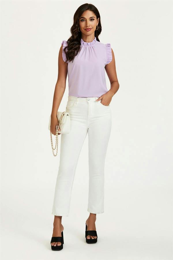 FS Collection Frill Trim Sleeve Frill Neck Blouse Top In Light Purple