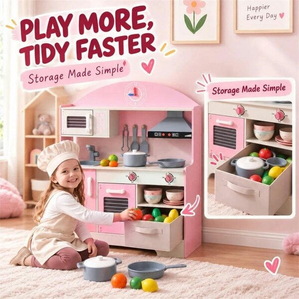 Bobobiy Kids Play Kitchen with Lights & Sounds, Pretend Play Toy set with Fabric Drawer, 5-Piece Accessories for 3-6 Years, Pink