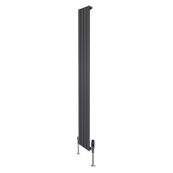 Flat single column radiator in anthracite grey, 1800mm x 280mm, featuring sleek vertical lines and modern valve design