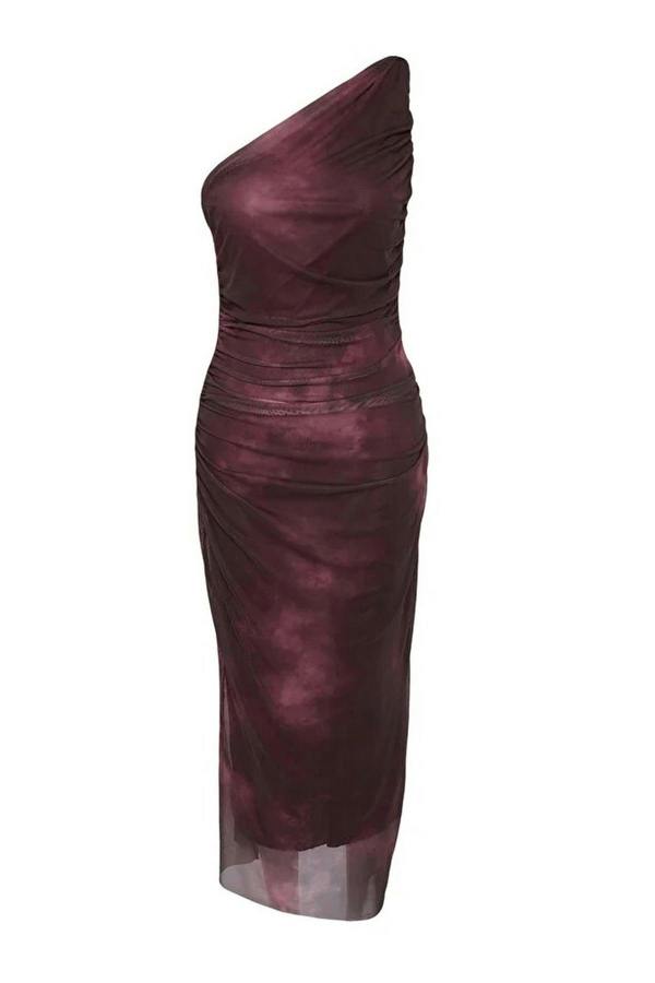 WOVCOR One-Sleeve Tulle Stretch Knit Midi Pencil Dress with Accessory Details