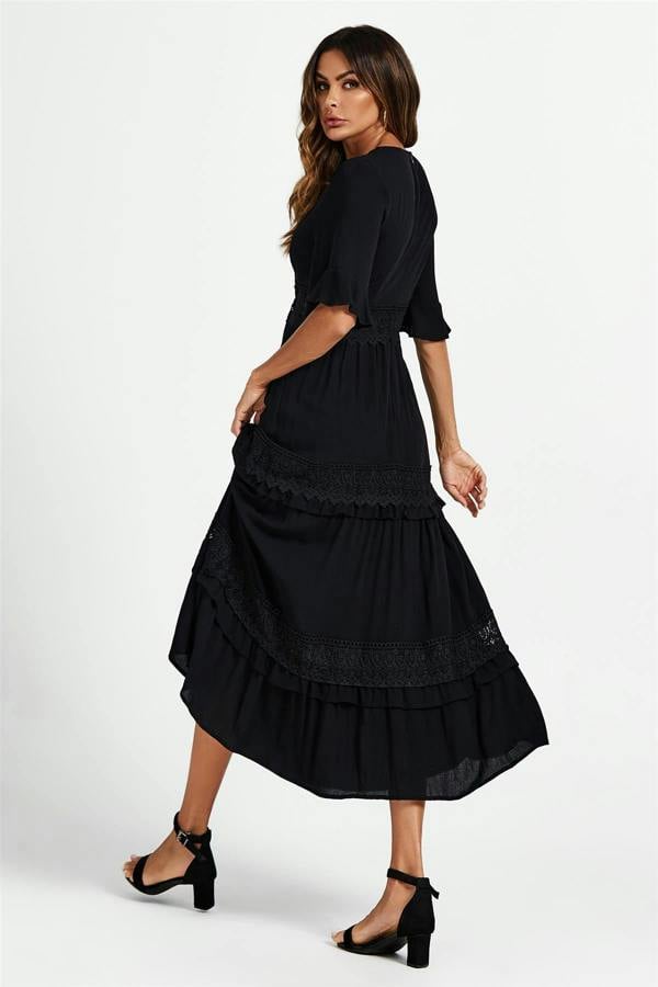 FS Collection V Neck Lace Detail Midi Dress In Black