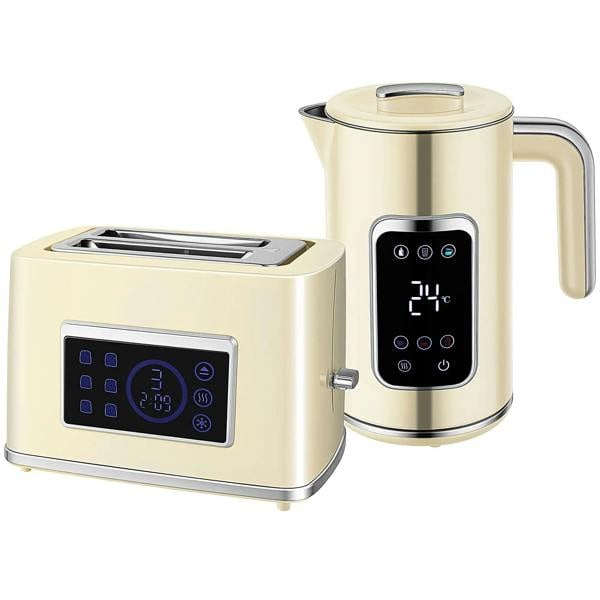 Cream touch screen electric kettle and toaster with digital display panels, chrome accents