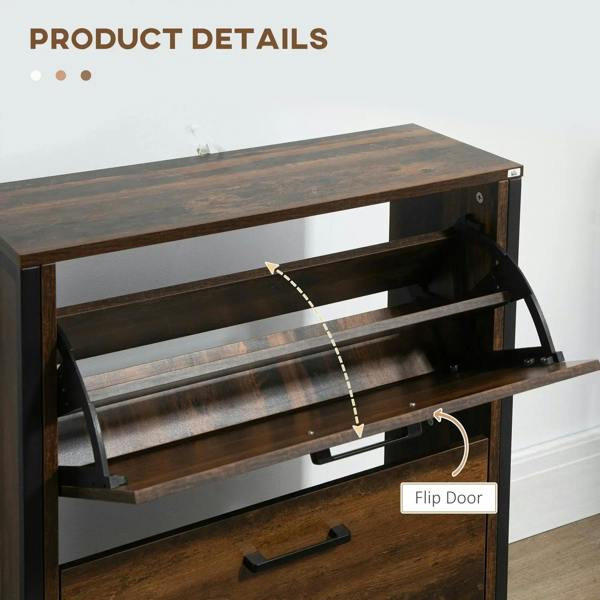 Shoe cabinet with flip door open, revealing dark interior shelves and bar handle