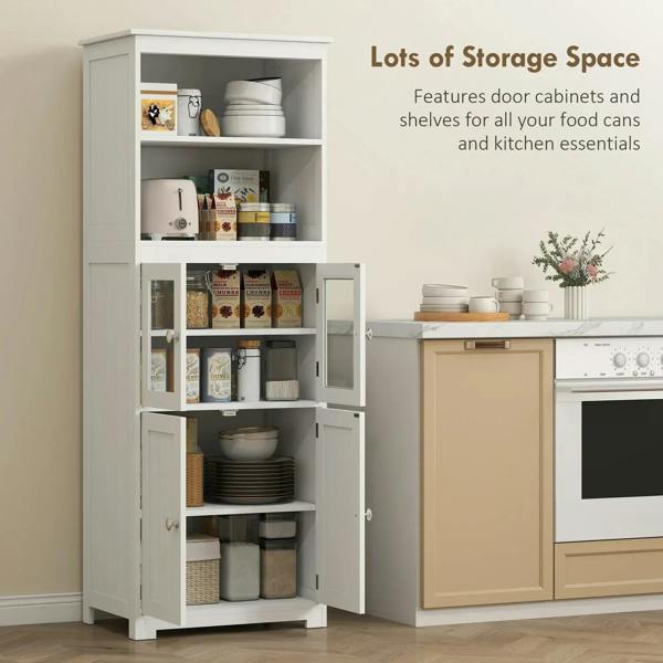 White freestanding cabinet with doors open, displaying interior shelves for kitchen storage