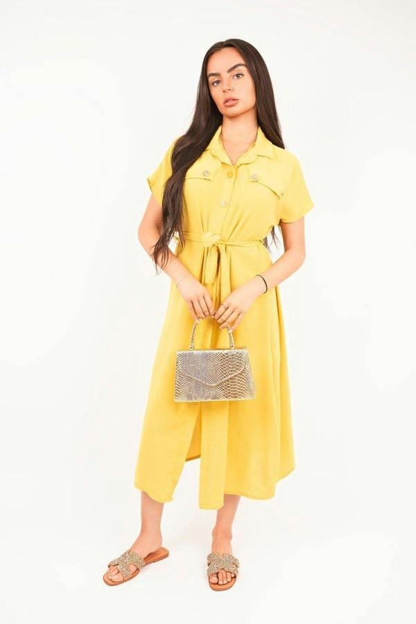 Annie Collared Button Down Short Sleeve Tie Waist Midi Dress - Yellow