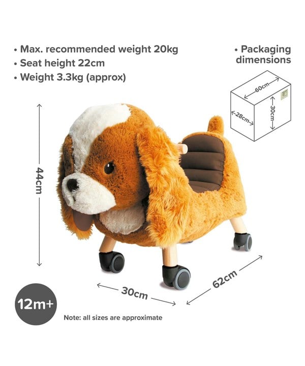 Infographic image of Peanut Pup Ride On Toys for toddlers showing dimensions