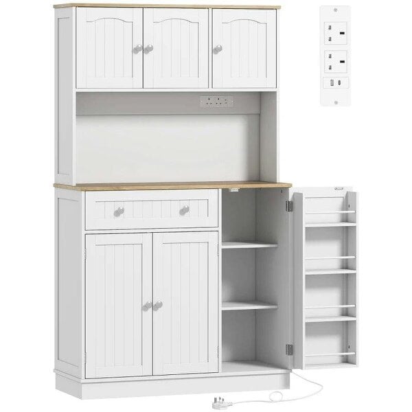 173 cm Tall Kitchen Cupboard with Charging Station, Pantry Storage Cabinet with Adjustable Shelves and 4 Door Racks
