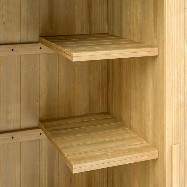Interior of natural wood storage shed with two tier wooden shelves