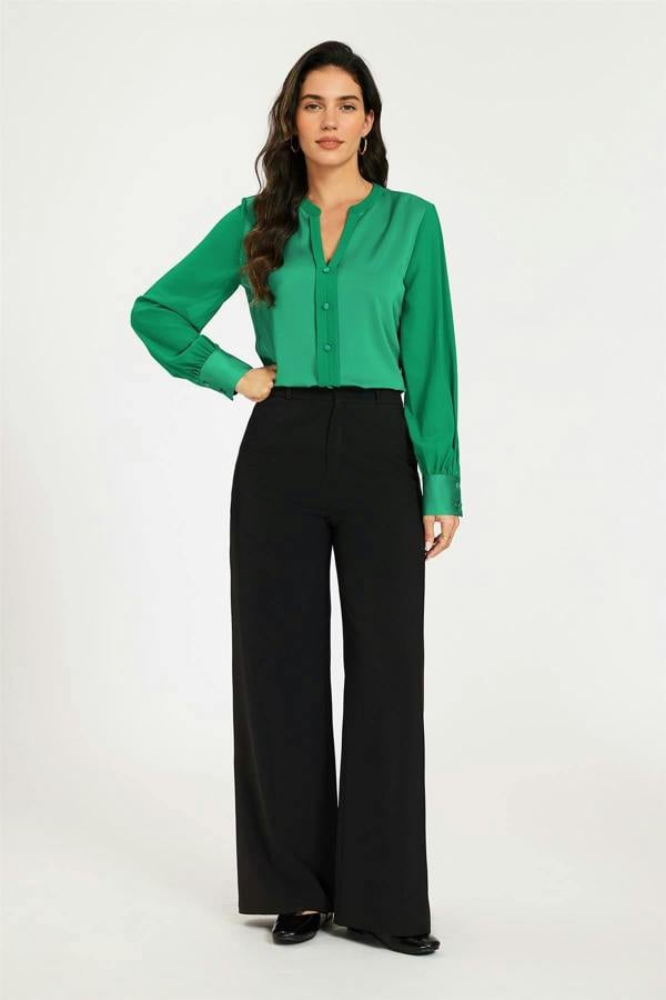 FS Collection Long Sheer Sleeve Satin Notch Neck Blouse Top In Green