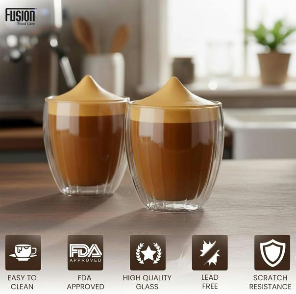 Fusion Food Care Double Walled Glass Coffee Mugs 2x350ml - Coffee Glass Cups for Hot & Cold Drinks - Striped Latte Mugs