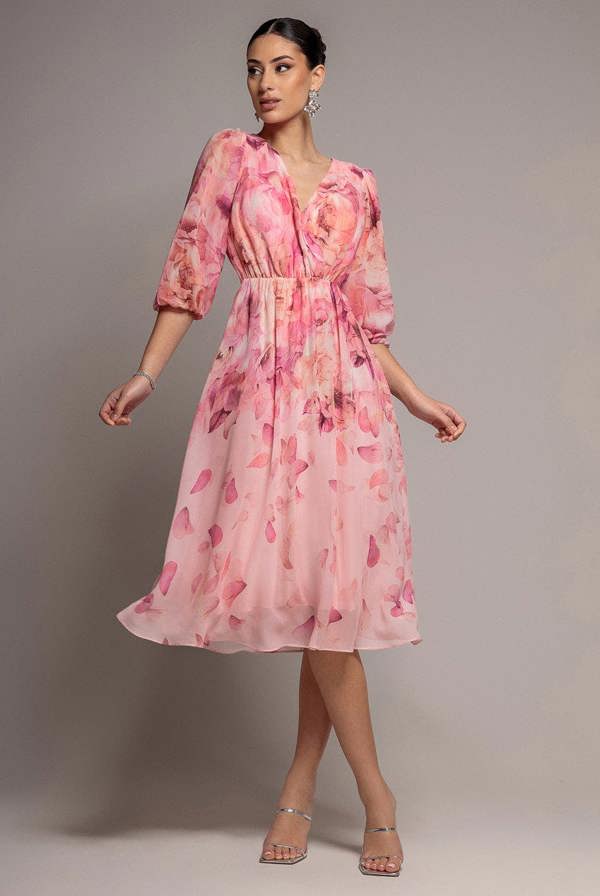 Floral Print Wrap A Line Midi Dress - Blush Pink DR5131