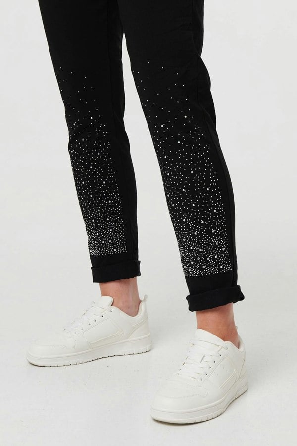 Black | Diamante Detail Slim Cropped Trousers
